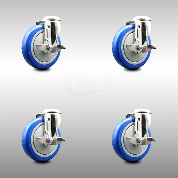 Service Caster 5 Inch 316SS Blue Polyurethane Wheel Swivel Bolt Hole Caster Set with Brake SCC SCC-SS316BH20S514-PPUB-BLUE-TLB-4 - main